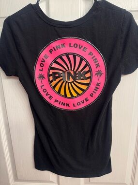 VS PINK Palm Graphic Black Tee with Pink & Orange Logo and  bling